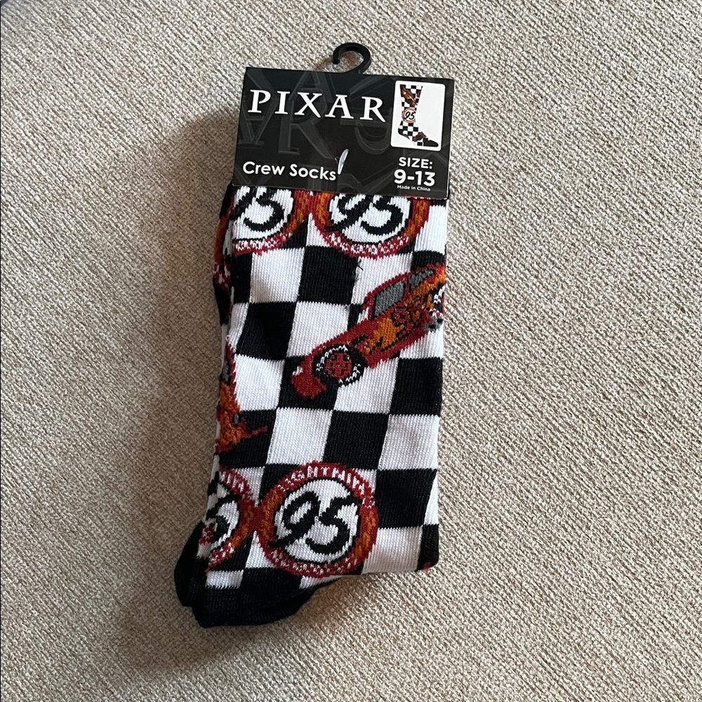Disney Pixar Black & White Checkered Crew Socks with Red Car Design (Size 9-13)